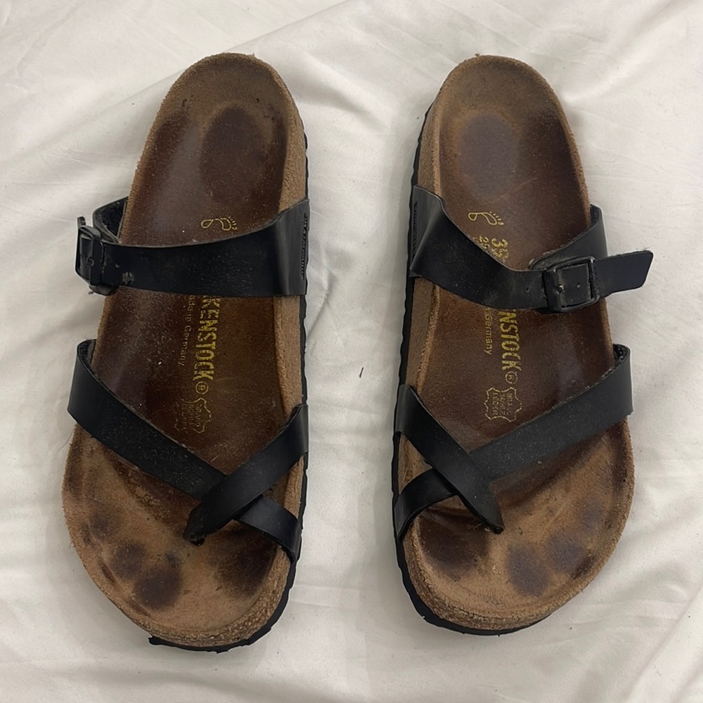 Birkenstock Sandals Womens 39  Mayari Slip On Toe Ring Strappy Black Lea…